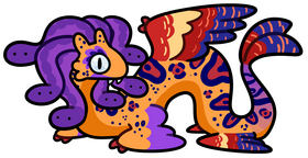A cartoony drawing of a Flight Rising Auraboa. It is orange, with blue and red jaguar spots, blue and red wings, blue and red tail feathers, white eyes, and purple snakes coming off it's head in a medusa-like manner.